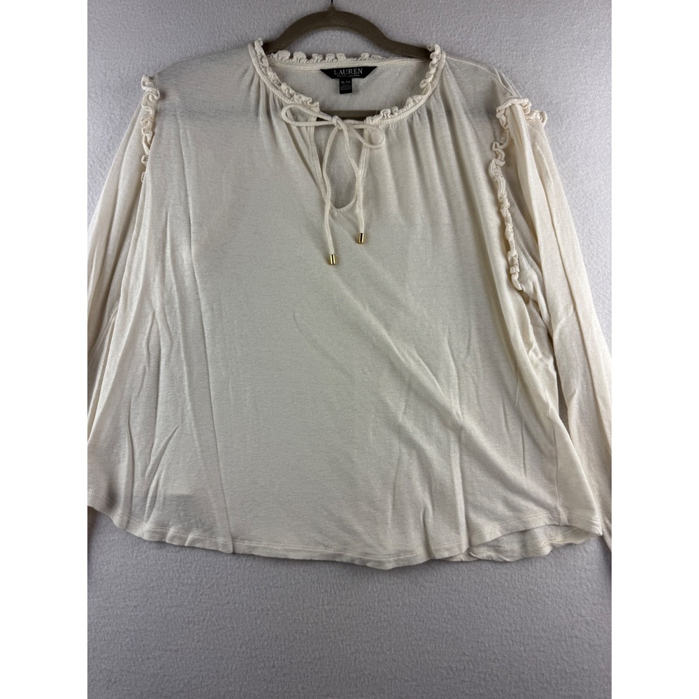 Lauren‎ Ralph Lauren Cream Ruffle Tie Neck Long Sleeve Blouse XL Mens